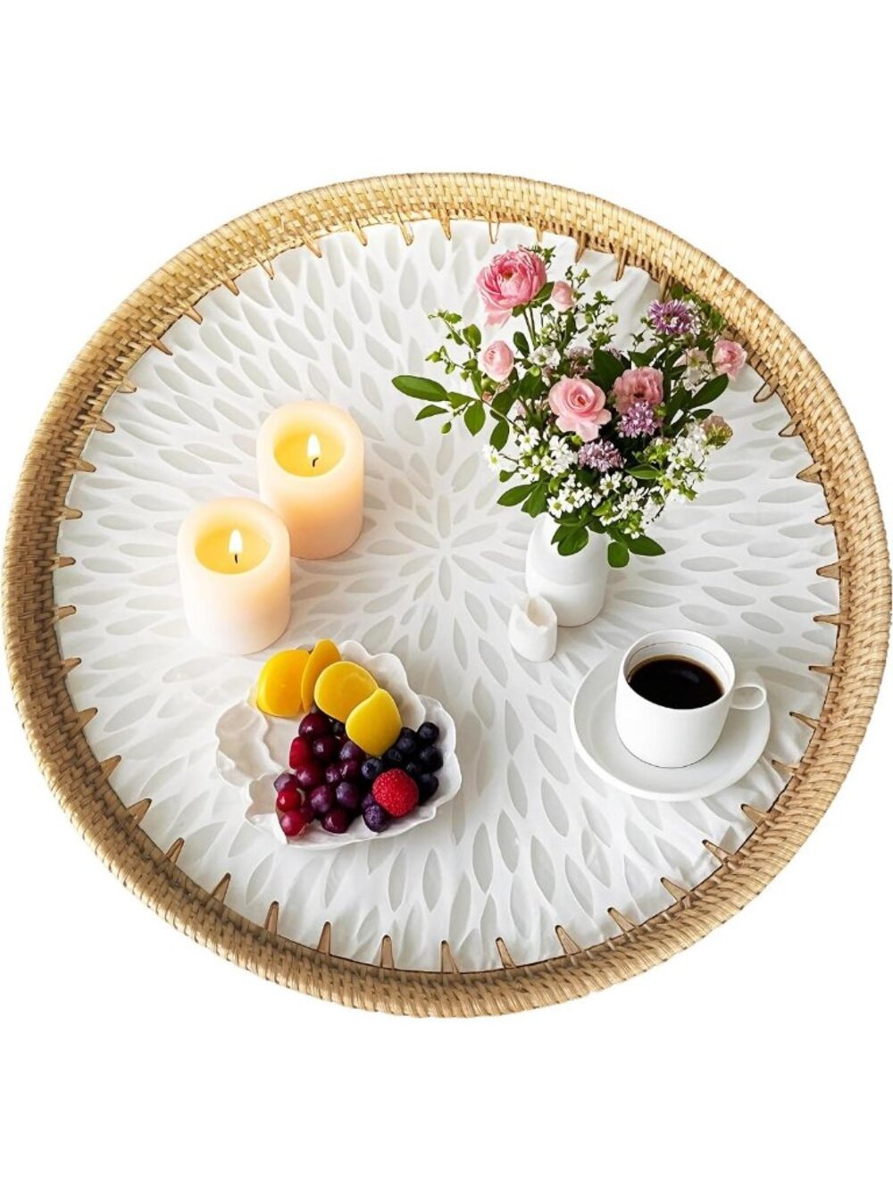 Large 18-Inch White Mother of Pearl Rattan Serving Tray - Round Decorative